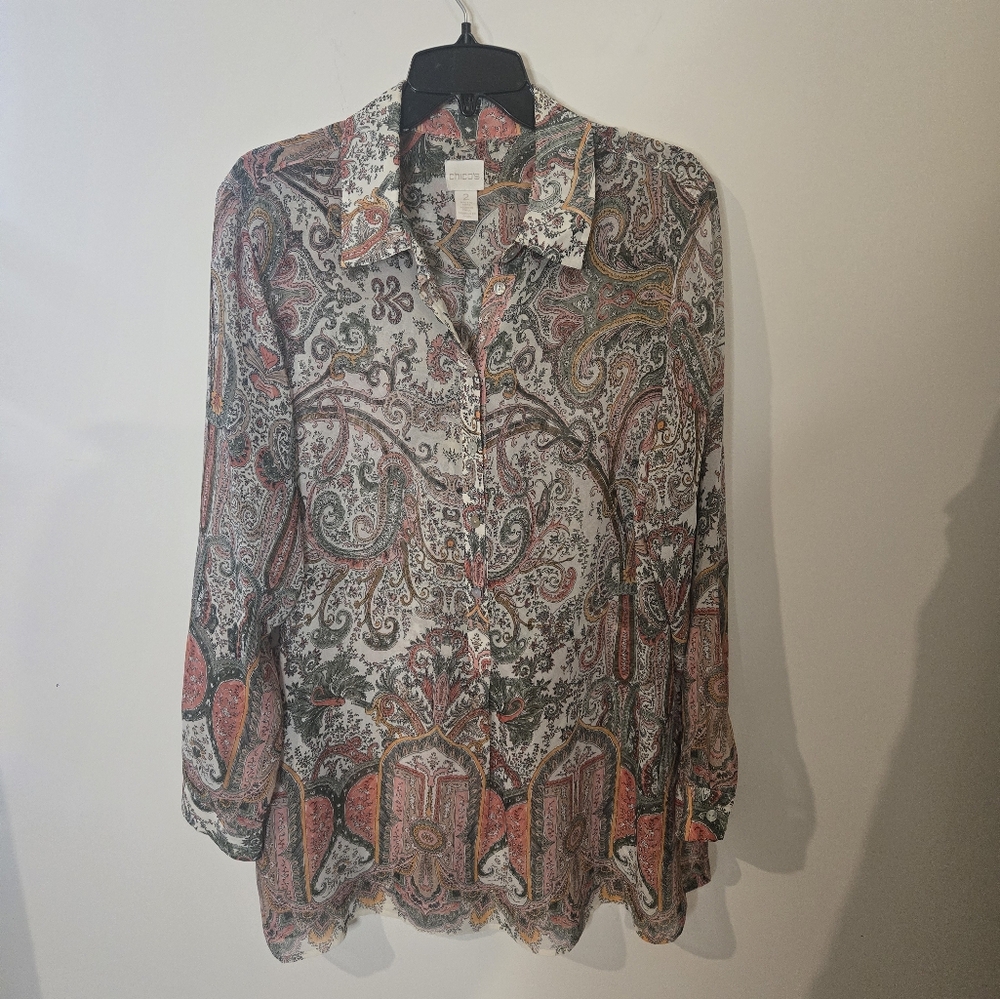 Chico's Multicolor Paisley Print Long Sleeve Sheer Blouse Chico's Size 2